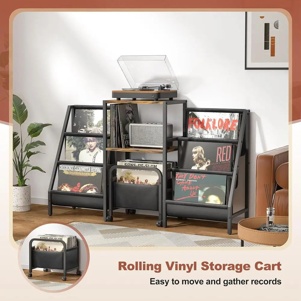 Record Player Stand with Vinyl Storage Cart, Record Player Table with Record Storage 200 Albums, Turntable Stand with Record Hol