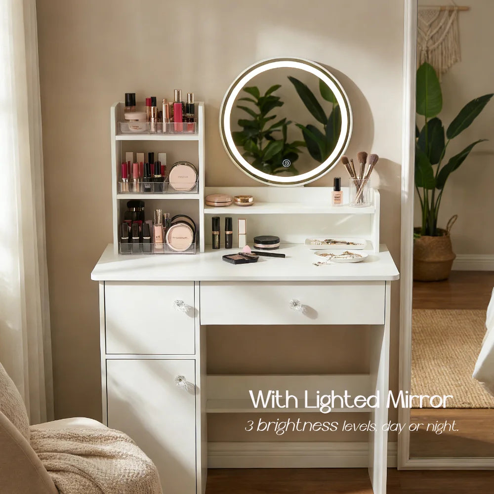 White Vanity Table, Small Dressing Table, With 3 Drawers With Crystal Handles, Multi-Functional Storage, Suitable For Bedrooms,