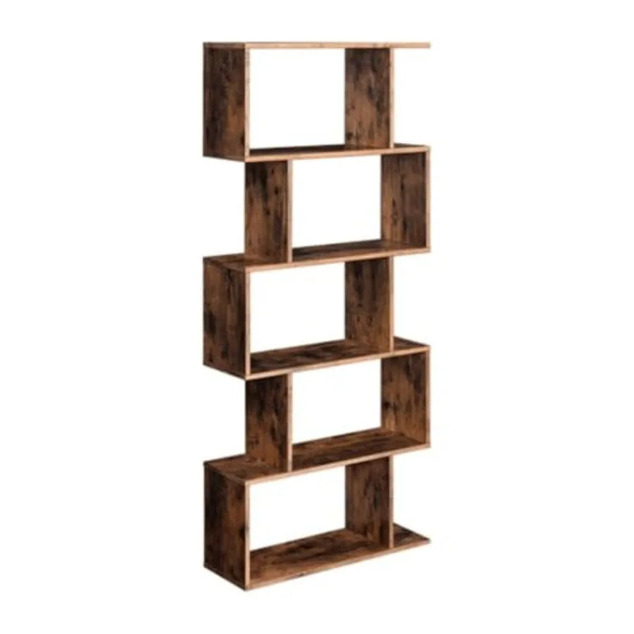 5-Tier Bookcase with Rustic Brown Finish for Living Room Bedroom or Office Freestanding Decorative Storage Shelving Unit with A
