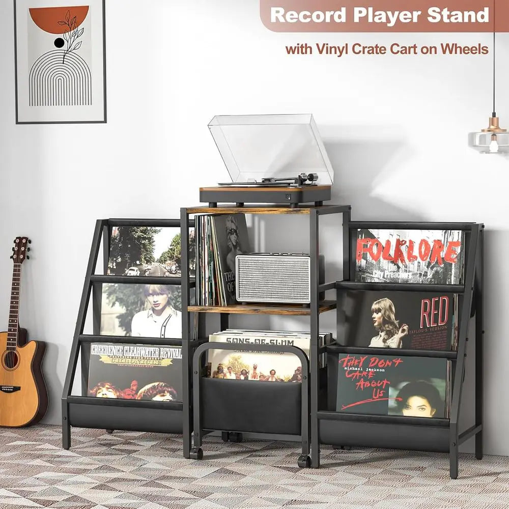 Record Player Stand with Vinyl Storage Cart, Record Player Table with Record Storage 200 Albums, Turntable Stand with Record Hol