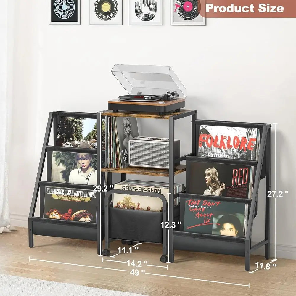 Record Player Stand with Vinyl Storage Cart, Record Player Table with Record Storage 200 Albums, Turntable Stand with Record Hol