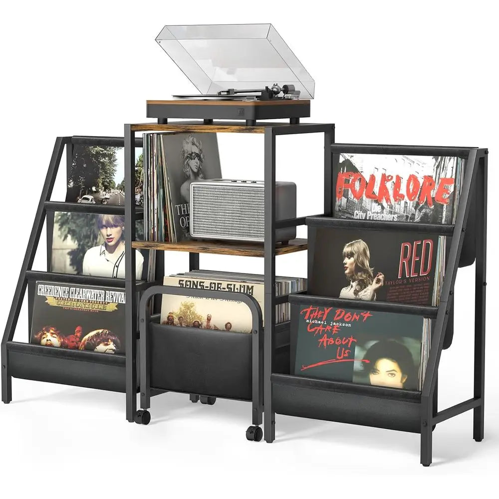Record Player Stand with Vinyl Storage Cart, Record Player Table with Record Storage 200 Albums, Turntable Stand with Record Hol