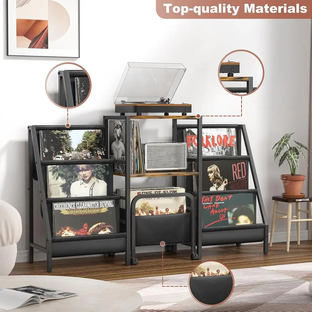 Record Player Stand with Vinyl Storage Cart, Record Player Table with Record Storage 200 Albums, Turntable Stand with Record Hol