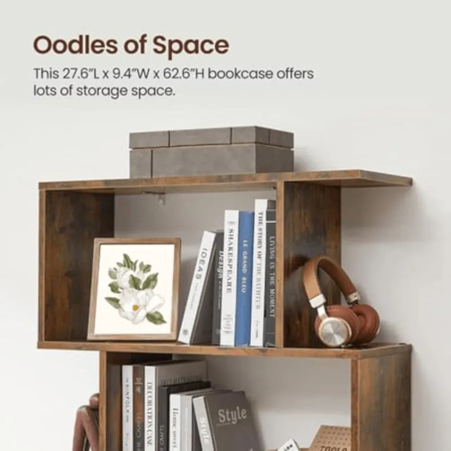 5-Tier Bookcase with Rustic Brown Finish for Living Room Bedroom or Office Freestanding Decorative Storage Shelving Unit with A