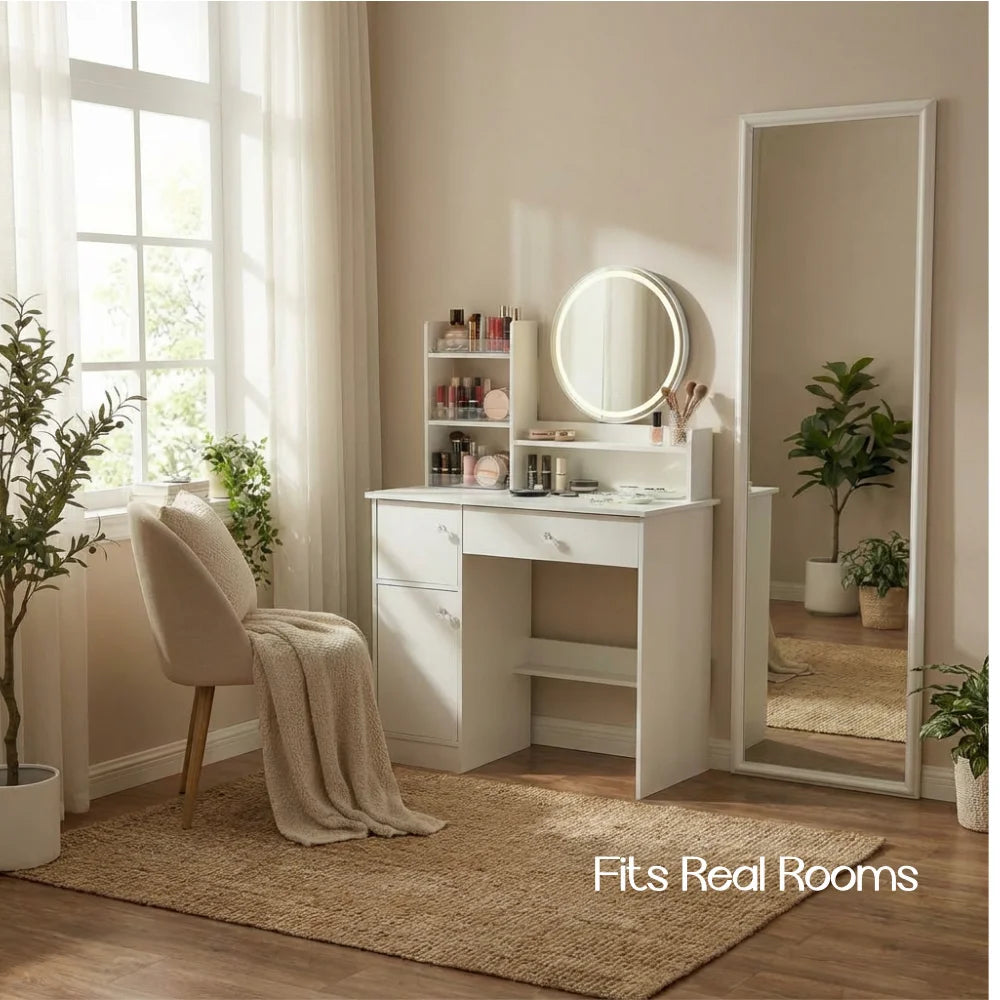 White Vanity Table, Small Dressing Table, With 3 Drawers With Crystal Handles, Multi-Functional Storage, Suitable For Bedrooms,