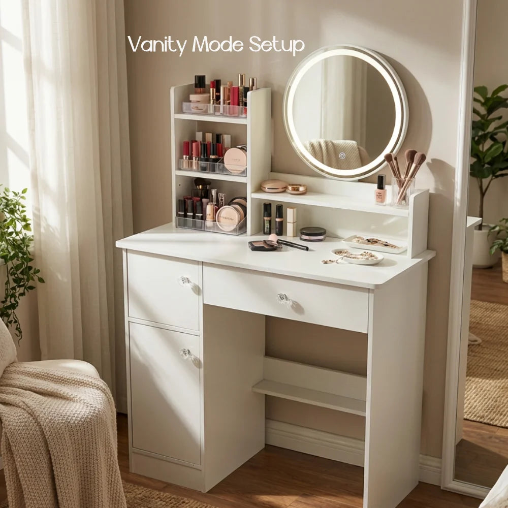White Vanity Table, Small Dressing Table, With 3 Drawers With Crystal Handles, Multi-Functional Storage, Suitable For Bedrooms,