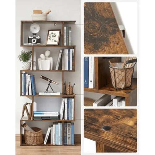 5-Tier Bookcase with Rustic Brown Finish for Living Room Bedroom or Office Freestanding Decorative Storage Shelving Unit with A